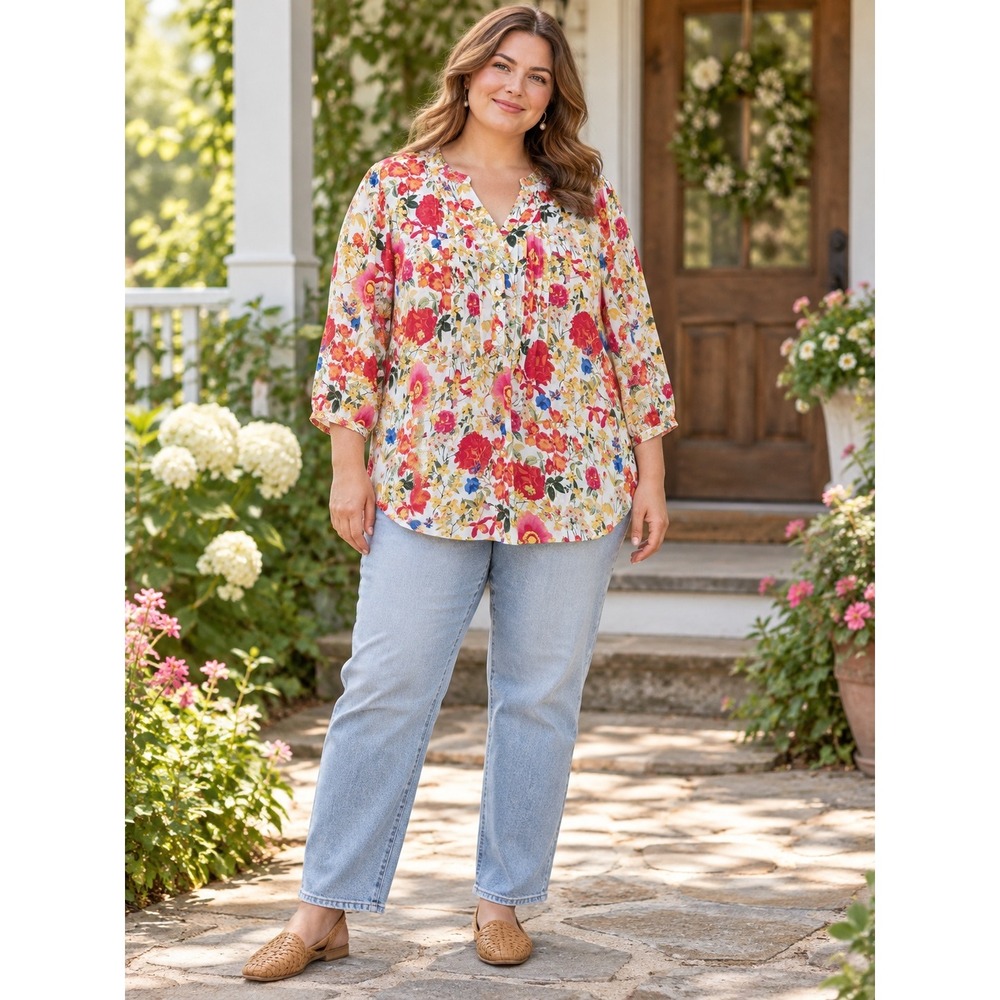 Rose + Olive Blouse Women 2X Multicolor Floral Botanical Pintuck Boho 3/4 Sleeve